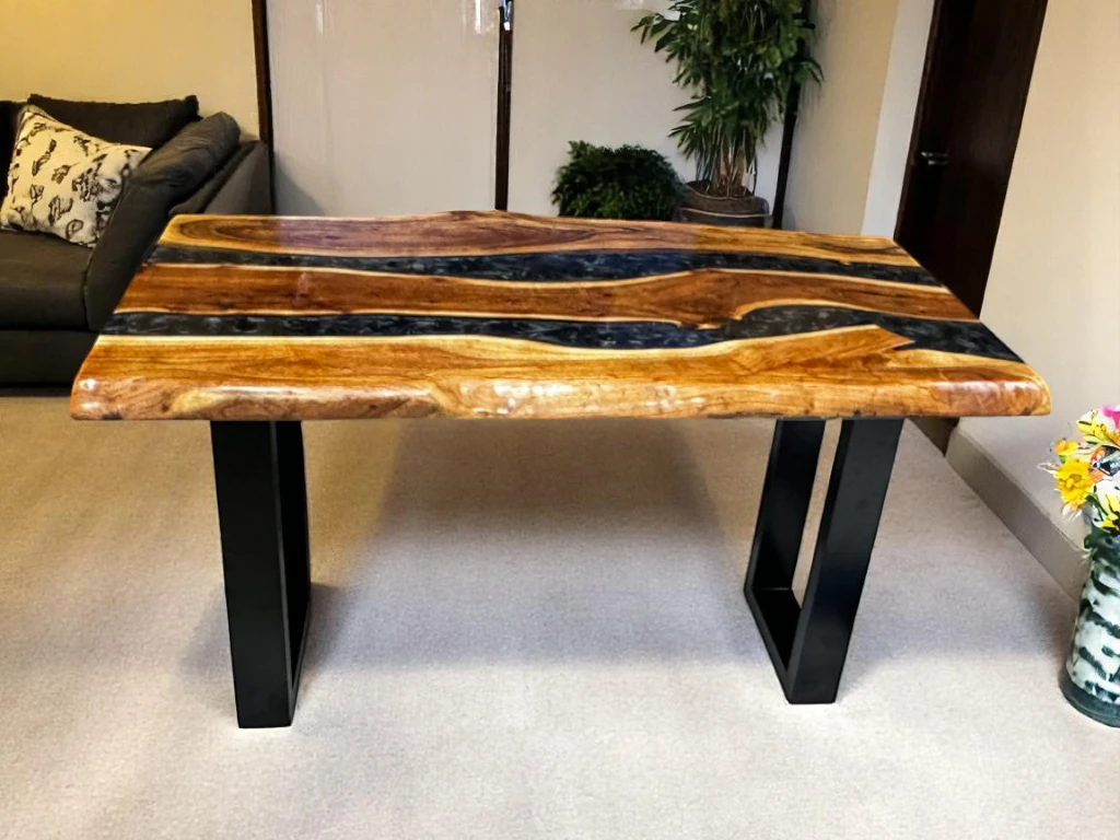 Live Edge Epoxy Dining Table Black with Metal Legs